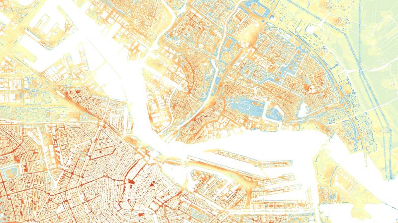 Map of Amsterdam showing temperatures in different areas.