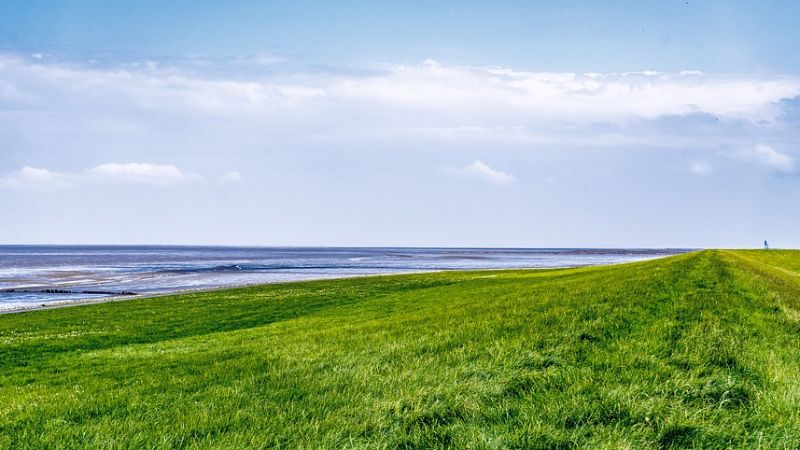 A wide landscape shot of a green dike.