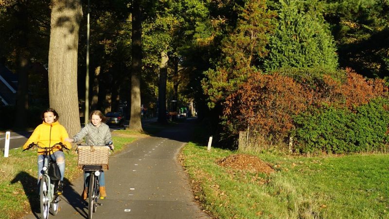 Een foto van 2 jonge kinderen op de fiets over een geasfalteerd fietspad naast een weg.