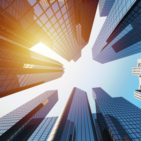 Een foto genomen vanaf de grond richting de zon. Je ziet ook gebouwen.