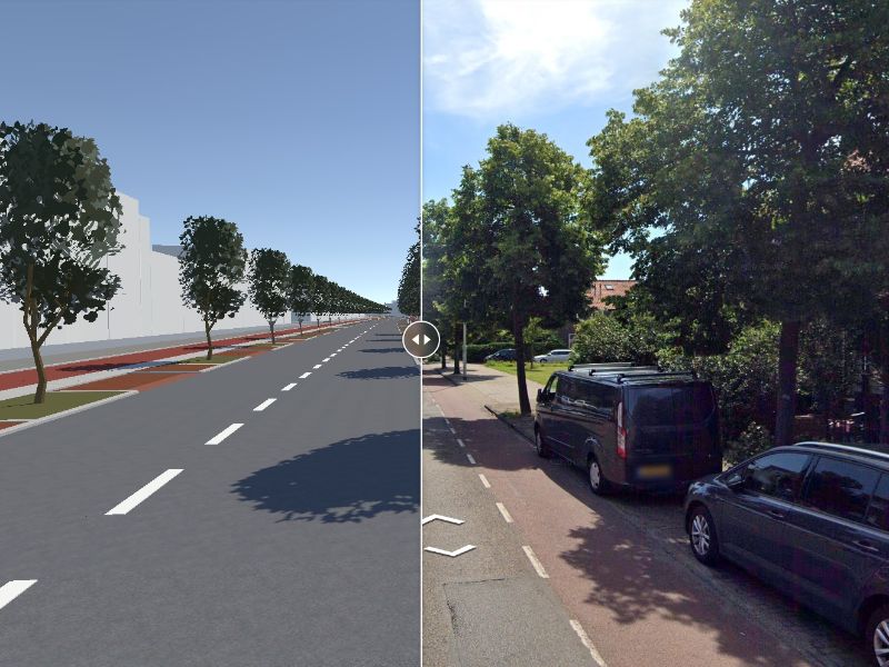 Een screenshot van de InfraShaper. Je ziet aan de linkerkant de nieuwe situatie van een straat en aan de rechterkant de huidige situatie van een straat.
