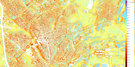 A map of the city of Utrecht on which the wind chill is visible through colours.