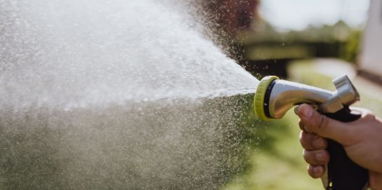 Foto van een hand die een tuin aan het sproeien is.