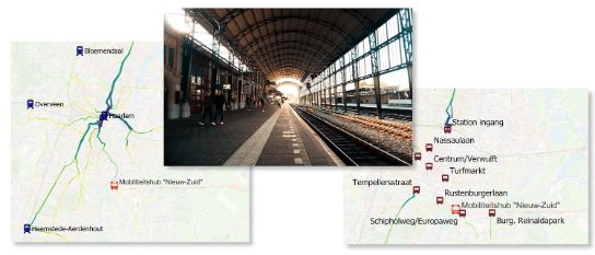 Collage of three images with cards made with the Bicycle Traffic Monitor and a photo of the train station in Haarlem.