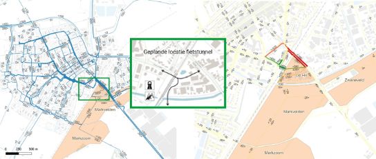 A map of Zevenbergen. The planned location of the cycle tunnel is shown.