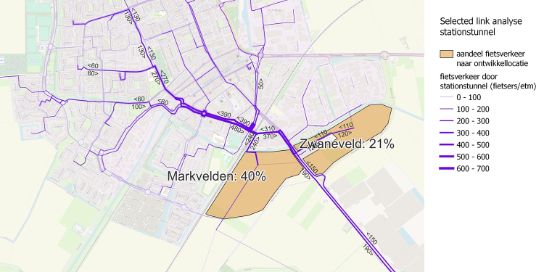 A map of Zevenbergen. The map shows the proportion of bicycle traffic through the station tunnel and to the development site.