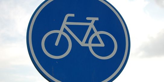 A blue traffic sign with a bike in the middle.