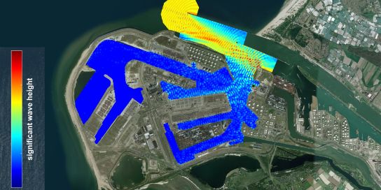 A top view of a harbour. The wave height is shown in colour. 
