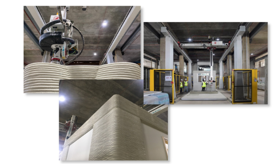 A photo collage of 3 images. The 3D concrete printer is visible.