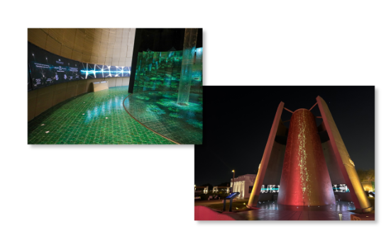A collage of two photos of the 3D concrete printed tower in Qatar.