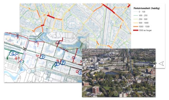 A collage of 3 differint images. The bicycle intensity can be seen, among other things.