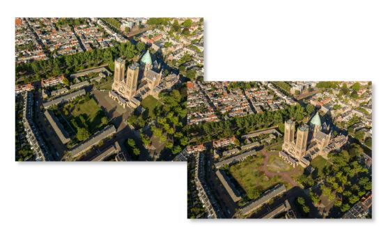 Two aerial photographs of a city. You can clearly see the before-and-after impression here.
