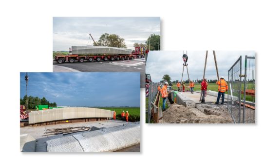 A collage of three images showing the 3D concrete printed cycle bridge being installed.
