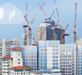 High-rise buildings with cranes around them. Graphic elements have been added, including a white grid over the apartment buildings.