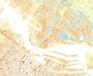 Map of Amsterdam showing temperatures in different areas.
