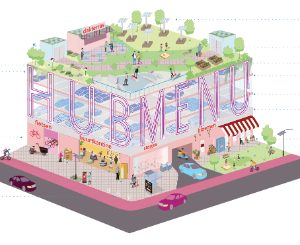 An illustration of a concept of a  HUB ME-NU Mobilityhub.