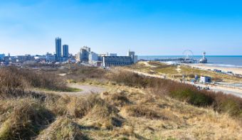 A picture of The Hague. In front there is nature, in the back you see the city of The Hague.
